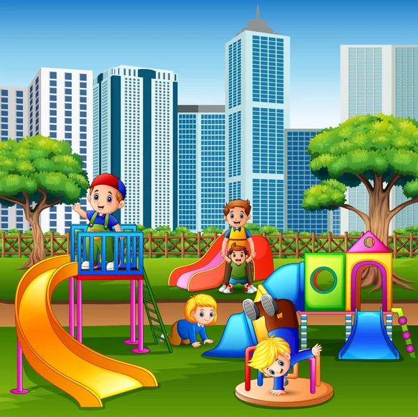 Bambini Dei Cartoni Animati Divertirsi Insieme Sul Parco Giochi — Vettoriale Stock