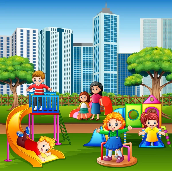 Cartoon Kinder Haben Gemeinsam Spaß Auf Spielplatz — Stockvektor