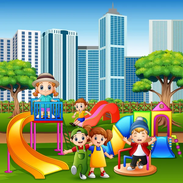 Bambini Dei Cartoni Animati Divertirsi Insieme Sul Parco Giochi — Vettoriale Stock