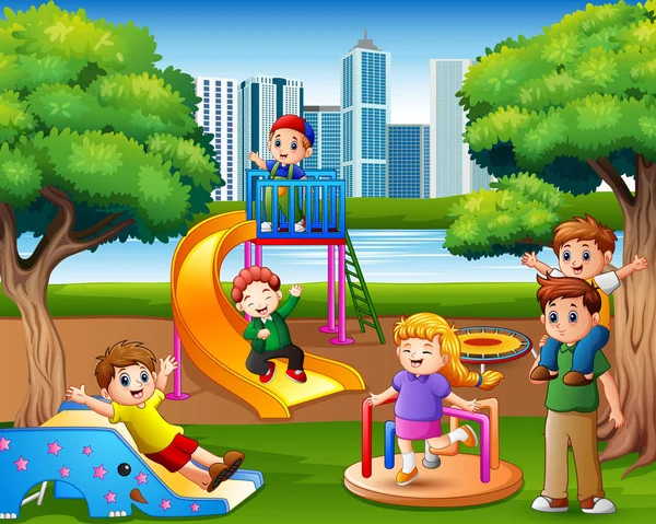 Dzieci Zabawy Rodziną Placu Zabaw — Wektor stockowy