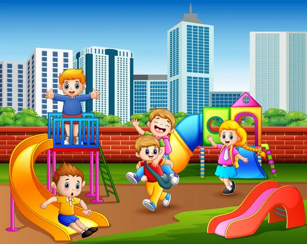 Heureux Enfants Maternelle Jouant Dans Aire Jeux — Image vectorielle