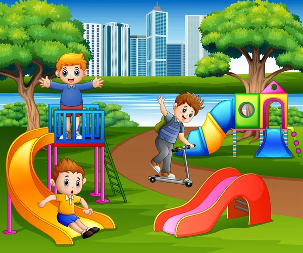 Bambini Felici Che Giocano Nel Parco Giochi Della Scuola — Vettoriale Stock