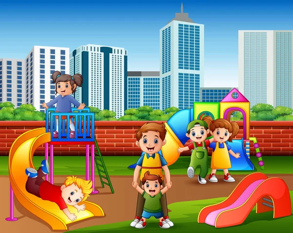 Kinder Haben Spaß Mit Der Familie Auf Dem Spielplatz — Stockvektor