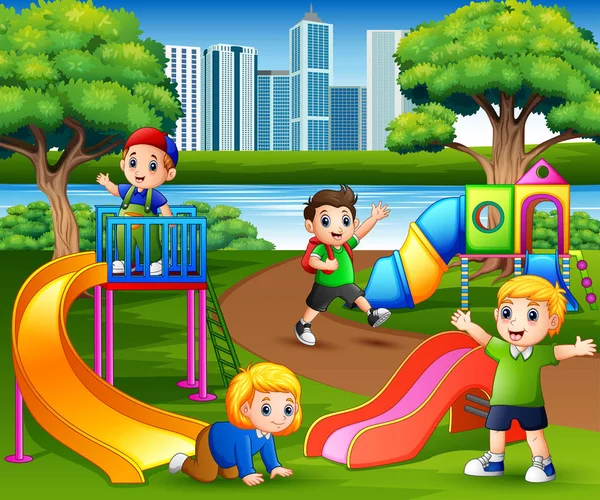 Enfants Heureux Jouant Dans Aire Jeux École — Image vectorielle
