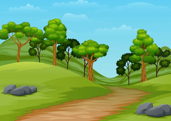 Dessin Animé Paysage Été Avec Sentier Routier Vers Forêt — Image vectorielle