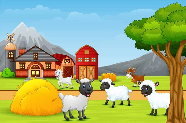 Group Sheep Farm Landscape — Stock Vector