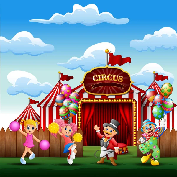 Cartoon Trainer Clown Met Een Cheerleaders Ingang Van Circus — Stockvector