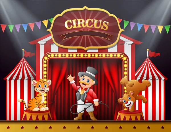 Cartoon Ringmaster Nombreuses Performances Animales Sur Scène — Image vectorielle