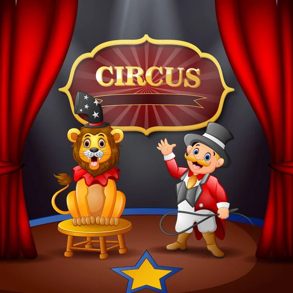 Dibujos Animados Ringmaster León Escenario Del Circo — Vector de stock