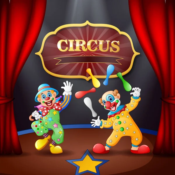 卡通马戏团显示与小丑在舞台上 — 图库矢量图片