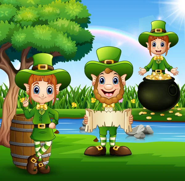 Duende San Patricio Personajes Día Con Arco Iris Olla Oro — Vector de stock