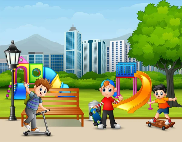 Niños Dibujos Animados Jugando Parque Ciudad — Vector de stock