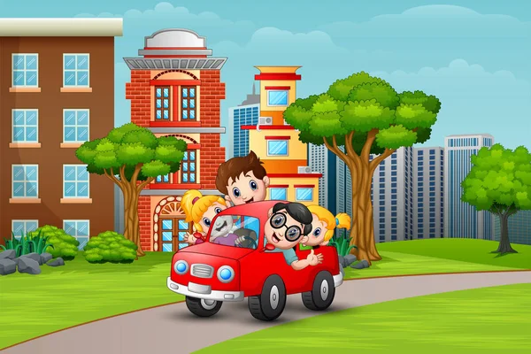 Keluarga Bahagia Mengendarai Mobil Jalan Sisi Kota - Stok Vektor