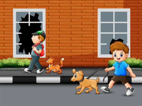 Cartone Animato Ragazzo Che Cammina Sulla Strada Con Suo Animale — Vettoriale Stock