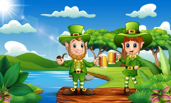 Leprechauns Con Una Taza Cerveza Naturaleza — Vector de stock