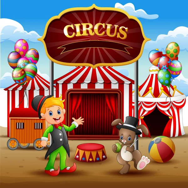 Trainer Een Konijn Circus Prestaties Arena — Stockvector