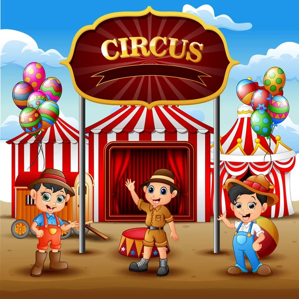 Cartoon Drie Jongens Staande Circus Arena — Stockvector