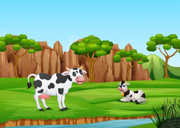 Karikatur Zweier Kühe Auf Dem Feld — Stockvektor