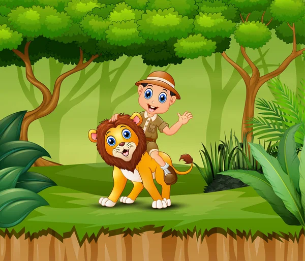 Cartoon Zookeeper Jongen Een Leeuw Jungle — Stockvector