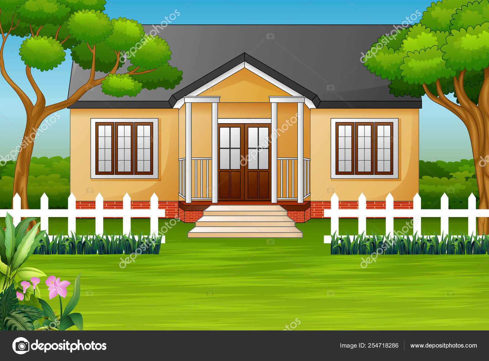 Cartoon House Green Yard Wooden Fence Stock Vector Image by ©dualoro  #254718286