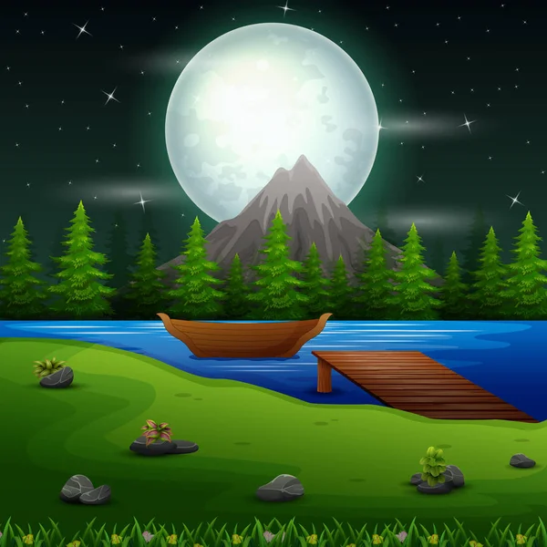 River Scene Full Moon Night Boat Bridge — Stock Vector