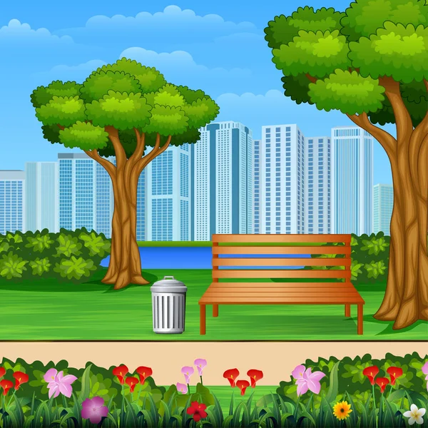 Wooden Bench Trash Can City Park Skyscrapers Background — Stock Vector