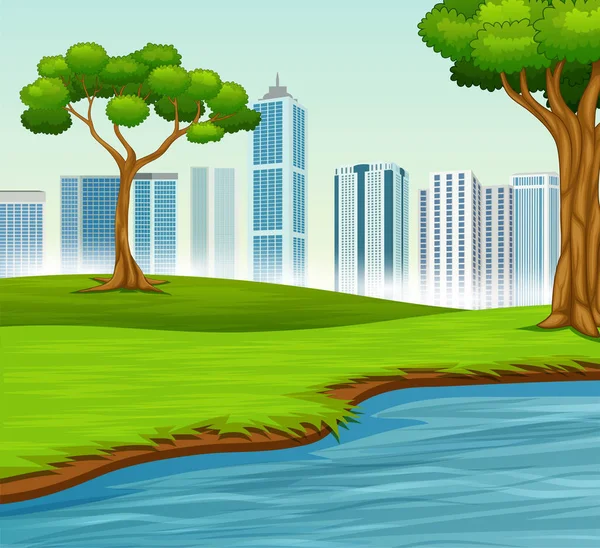 Green landscape with trees river and city