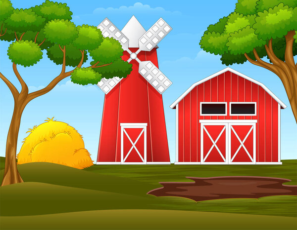 Farm landscape with red shed and windmill