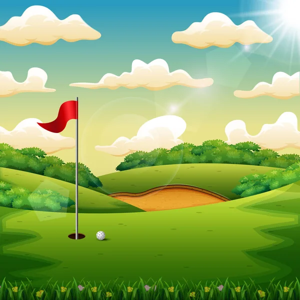 ゴルフ ボールと緑の丘のフラグ — ストックベクタ