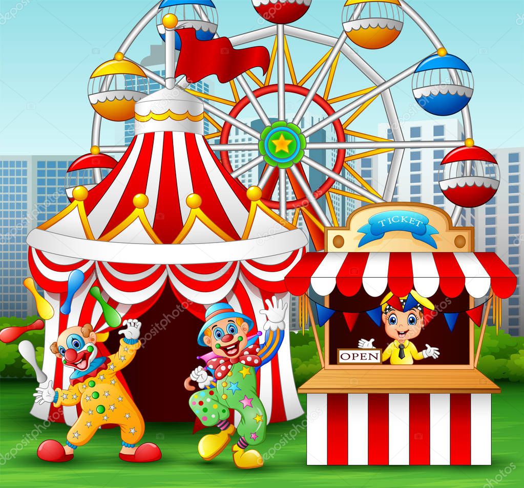 Cartoon clown show acrobatic performance at the amusement