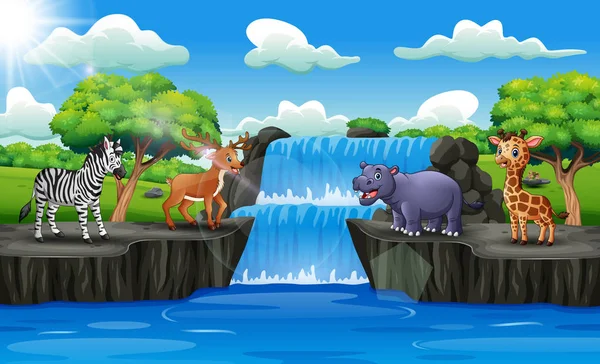 Счастливые Животные Наслаждаются Водопаде — стоковый вектор