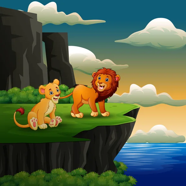 Löwen Cartoon Brüllt Auf Dem Klippenhintergrund — Stockvektor