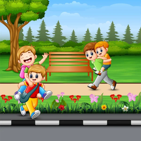 Niños Felices Jugando Parque — Vector de stock