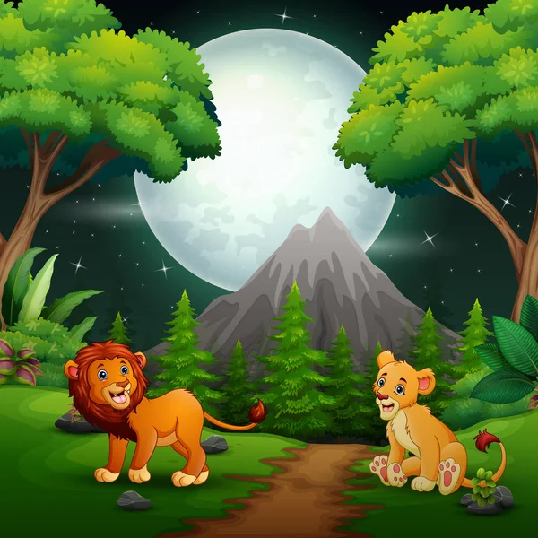 Lion Dessin Animé Rugissant Dans Fond Jungle — Image vectorielle