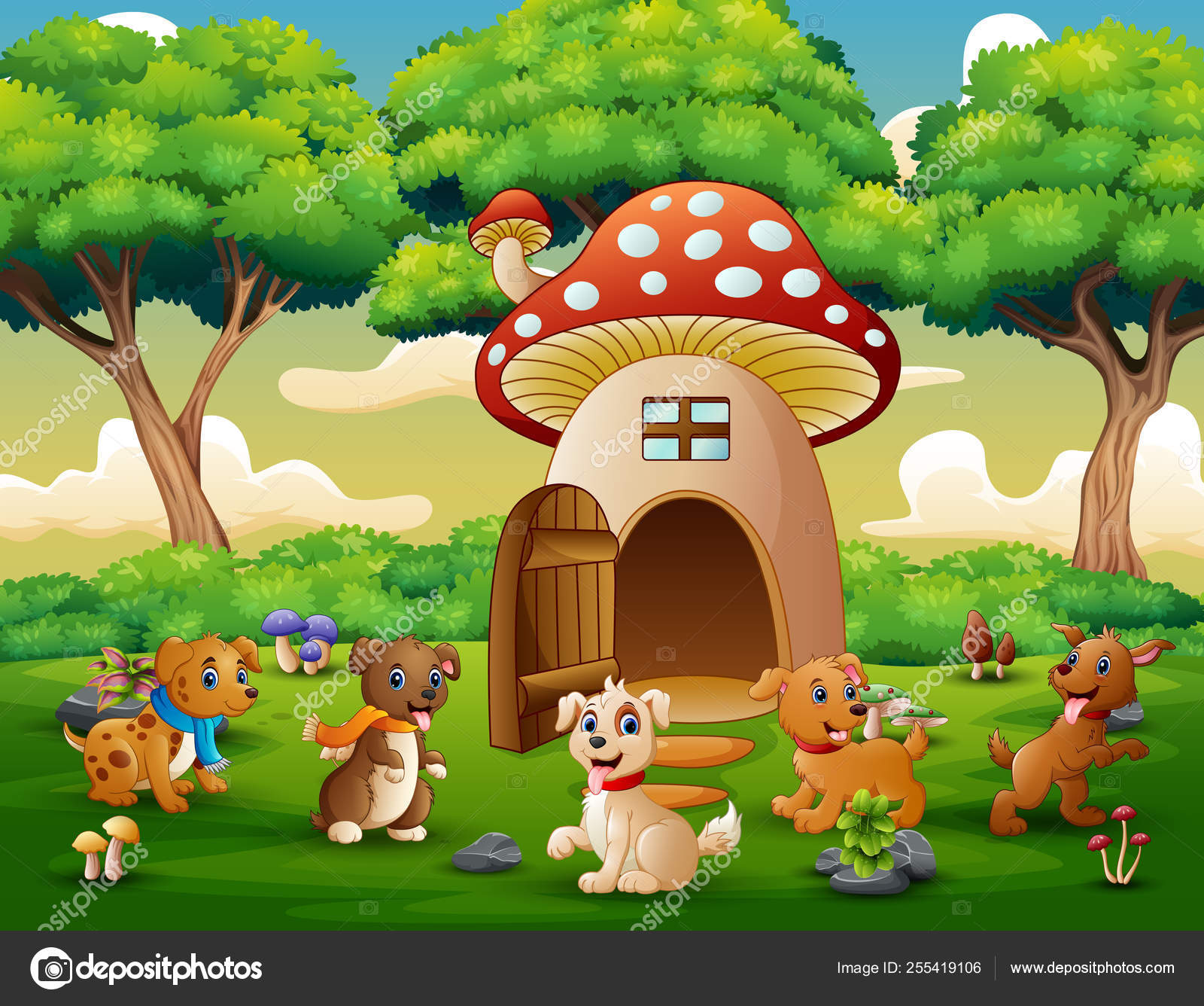 Cartoon Many Dog Red Mushroom House Stock Vector by ©dualoro 255419106