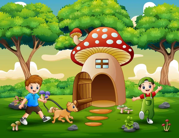 Cartoon Twee Jongens Spelen Fantasy House — Stockvector