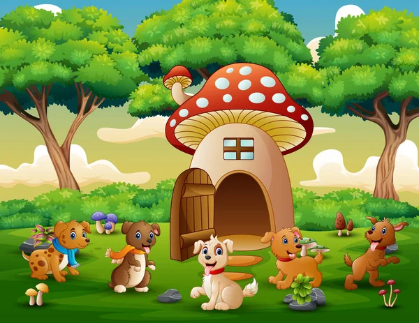 Desenhos Animados Muitos Cães Perto Casa Cogumelos Vermelhos — Vetor de Stock