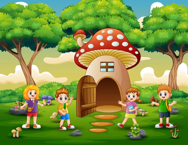 Gelukkige Schoolkinderen Fantasy House Mushroom — Stockvector