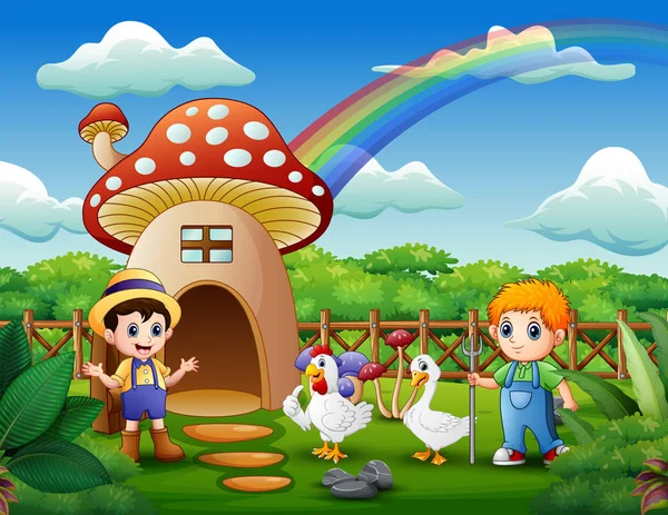 Jonge Boeren Met Dieren Het Mushroom House — Stockvector