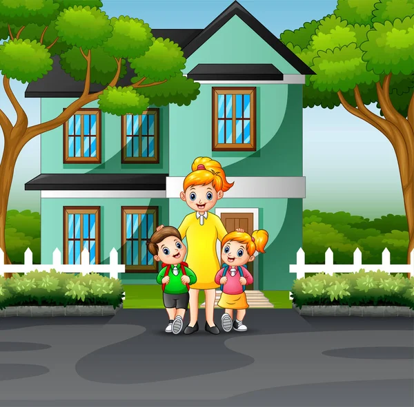 Mutter Und Kinder Vor Einem Haus — Stockvektor