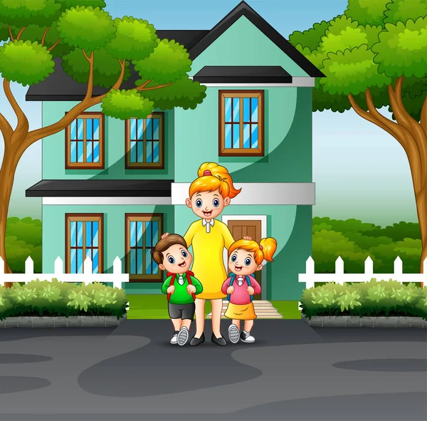 Mother Children Front House — Stock Vector