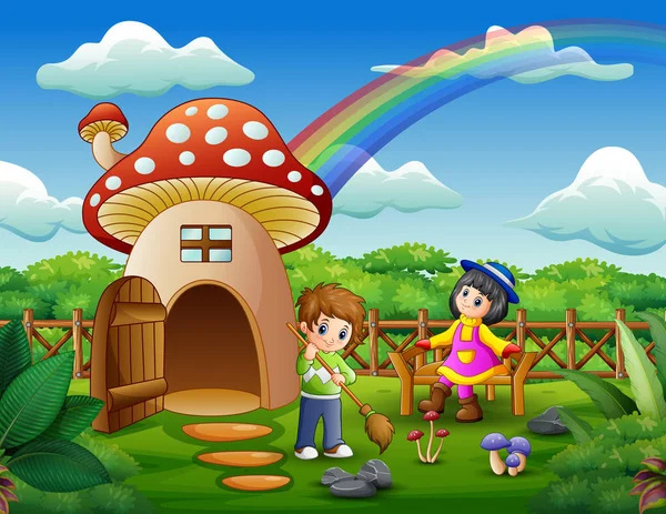 Szczęśliwy Dzieci Gra Fantasy Dom — Wektor stockowy