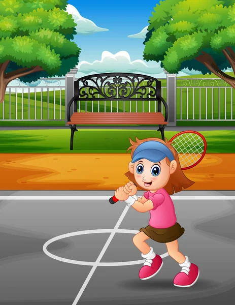 Glückliches Mädchen Spielt Tennis Auf Den Tennisplätzen — Stockvektor