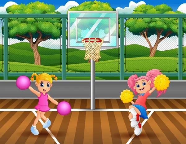 Animadoras Bailando Cancha Baloncesto — Vector de stock