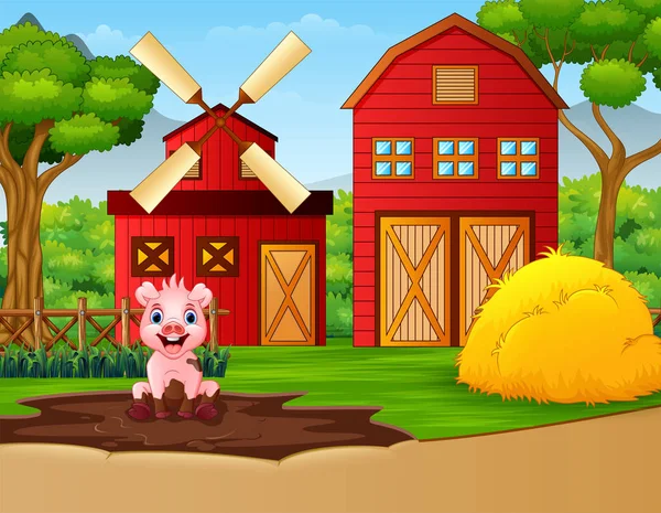 Lustige Schweine Spielen Eine Schlammpfütze Bauernhof — Stockvektor