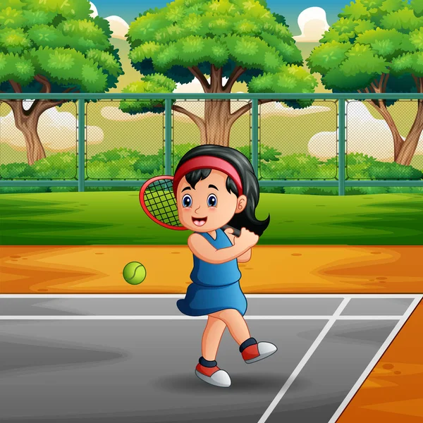 Fille Heureuse Jouant Tennis Sur Les Courts — Image vectorielle