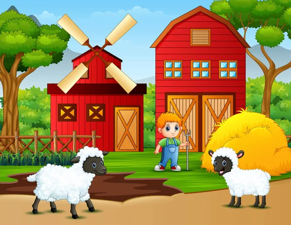 Happy Little Boer Schapen Boerderij — Stockvector