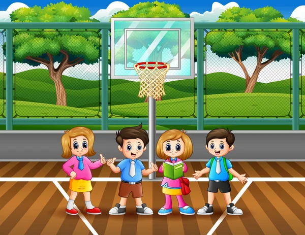 Basketbol Sahasında Mutlu Okul Çocukları — Stok Vektör