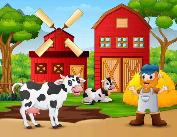谷仓前的农民和农场动物 — 图库矢量图片