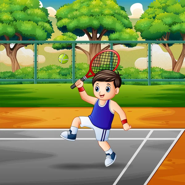 Happy Boy Tennis Spelen Rechtbanken — Stockvector